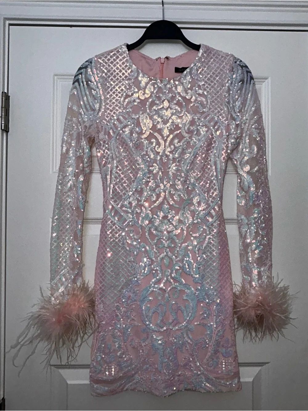 Blondie Nights Iridescent Sequins Dramatic Feather Cuff Long Sleeve Mini Dress
